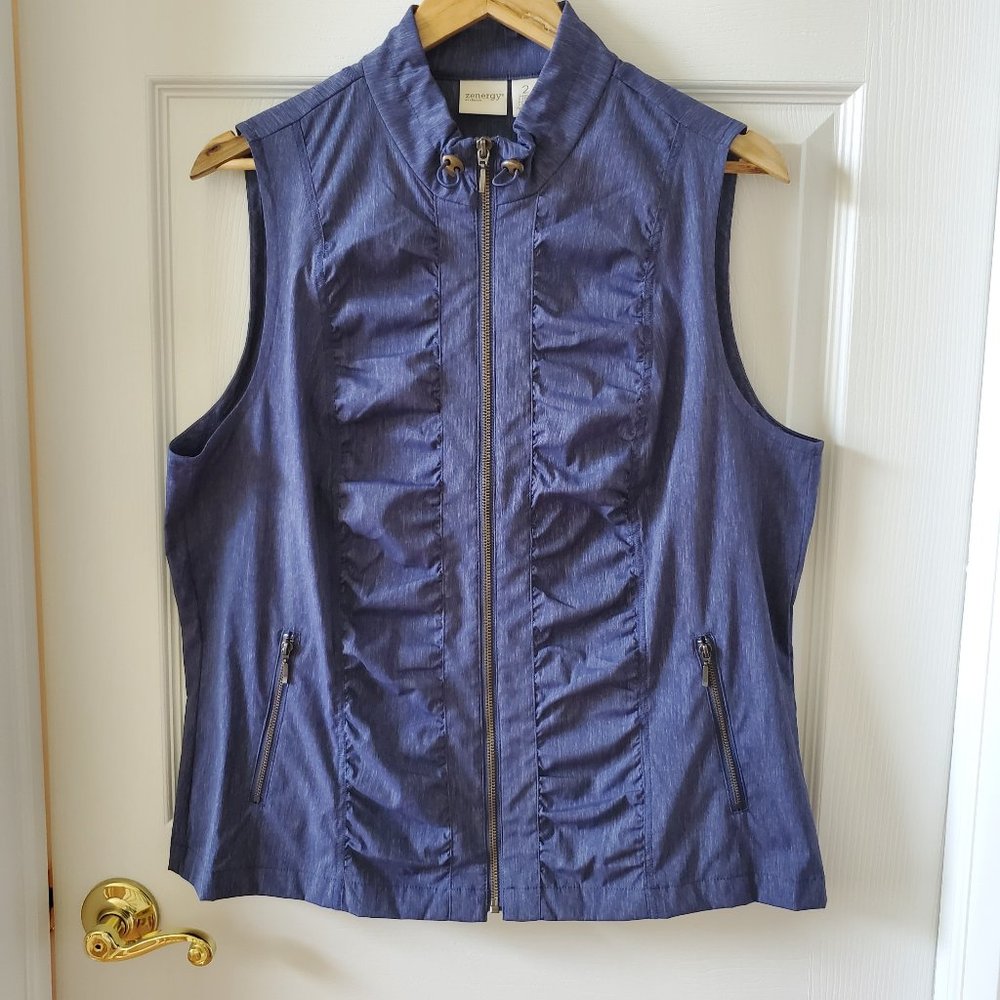 Zenergy by Chico's Nema Indigo Rouched zip up Chambray look vest size 2 (10-12)